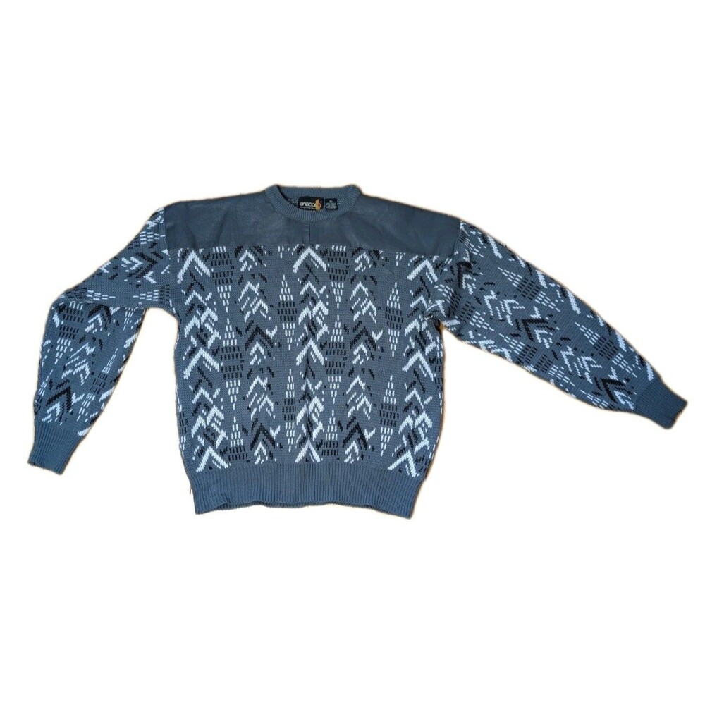 Sasson Vintage Mens XL Gray Mixed Media Leather Geometric Knit Sweater Retro 80s